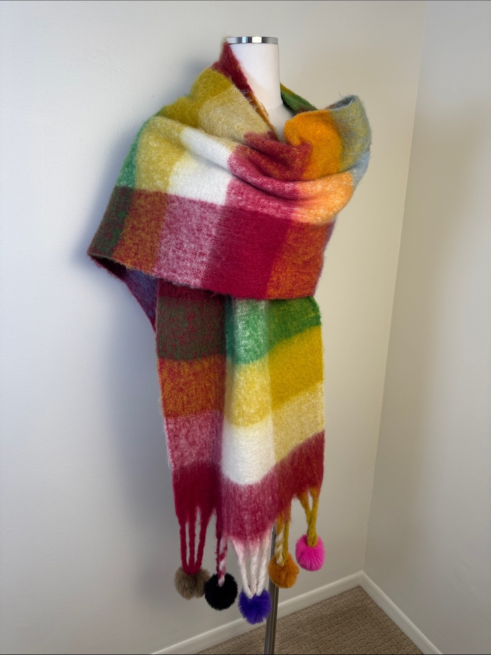 Cider Multicolor Plaid Scarf with Pom Tassels